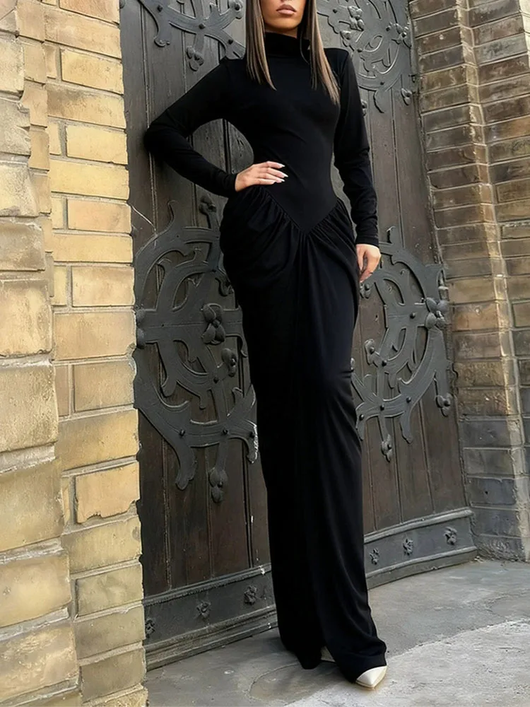 เดรสยาวแขนยาวคอสูงครึ่งตัว ดีไซน์เรียบหรู ทรงเข้ารูป เอวสูง สไตล์ลำลอง สำหรับผู้หญิง เหมาะกับฤดูใบไม้ผลิและฤดูใบไม้ร่วง แฟชั่นเดรสทรงพลิ้วสำหรับงานปาร์ตี้