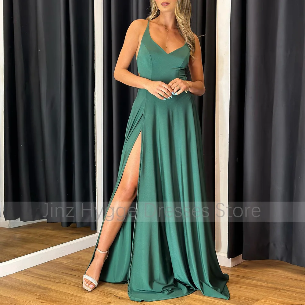 Turkusowe sukienki na studniówkę Spandex Spaghetti Straps A Line Sexy Prom Gowns for Women 2025 V Neck Split Backless Simple Evening Dress