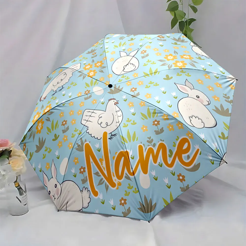 Custom Name Umbrella Charming Animal Umbrella with Flower Decor Print 8 Iron Ribs Folding Umbrella Auto-Open Fashion Sunshade