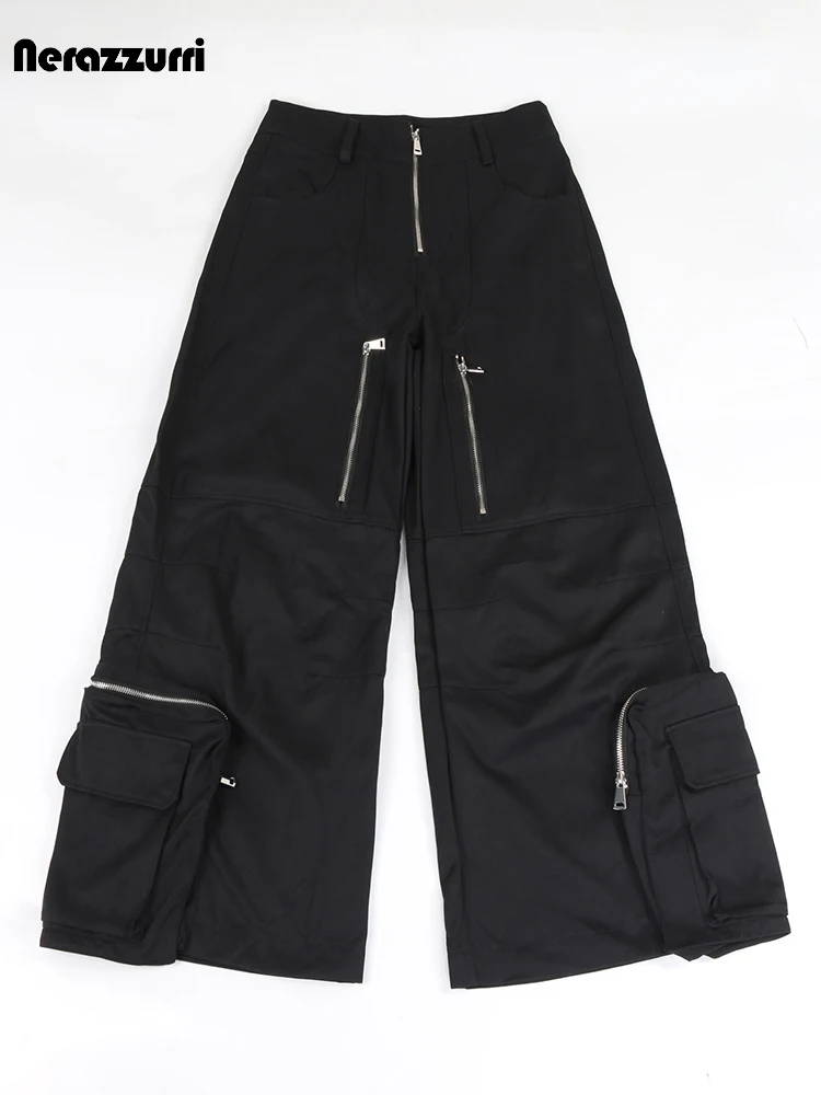 

Nerazzurri Autumn Long Black Baggy Wide Leg Cargo Pants for Men Three-dimensional Pockets Luxury Designer Streetwear Emo Clothes
