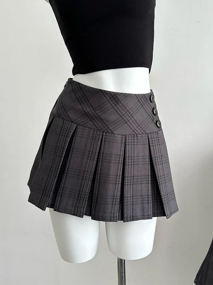 Preppy Style Plaid Skirts Button Classical Office Lady High Waist Pleated Skirt Grey JK Uniform Harajuku Japanese Streetwear Y2K