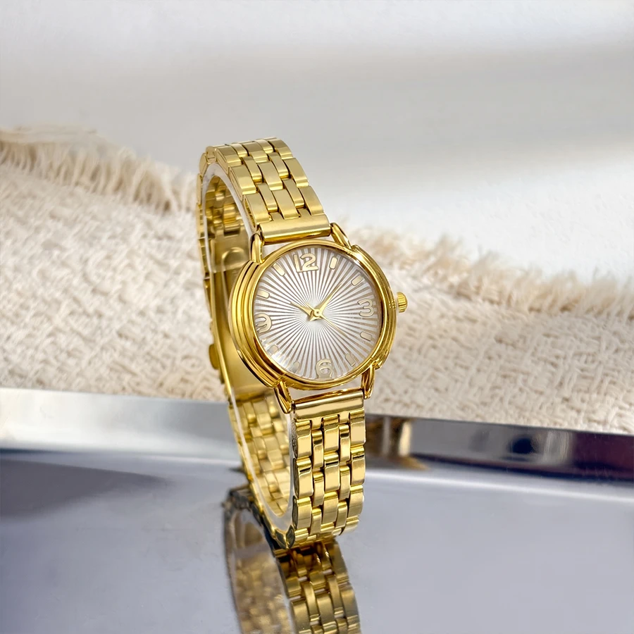 Gold Watch for Woman: Round Sunburst Dial Stainless Steel Strap Light Luxury Wrist Watch