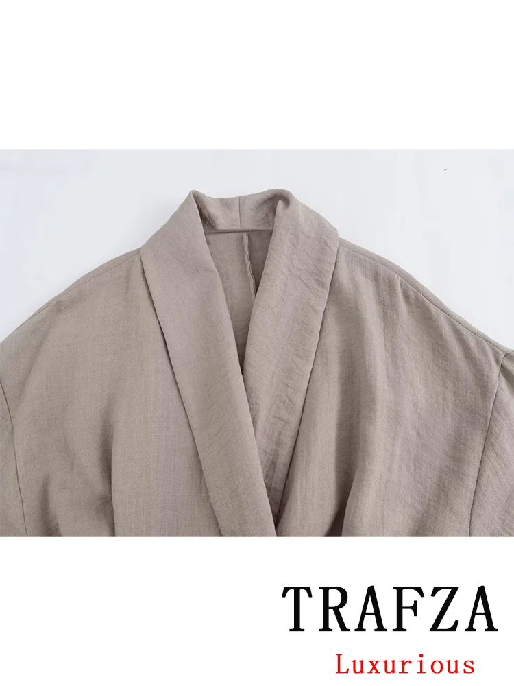 TRAFZA Vintage Casual Chic Solid Women Suit V-Neck Sashes Long Sleeve Shirts Loose Straight Pants New Fashion 2024 Summer Suits