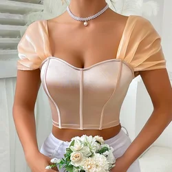 Trendy 2025 Women Short Sleeve Corset Elegant Chic Fashion Crop Top 2000s Korean Popular Clothes Y2k Aesthetic Female Tank Top