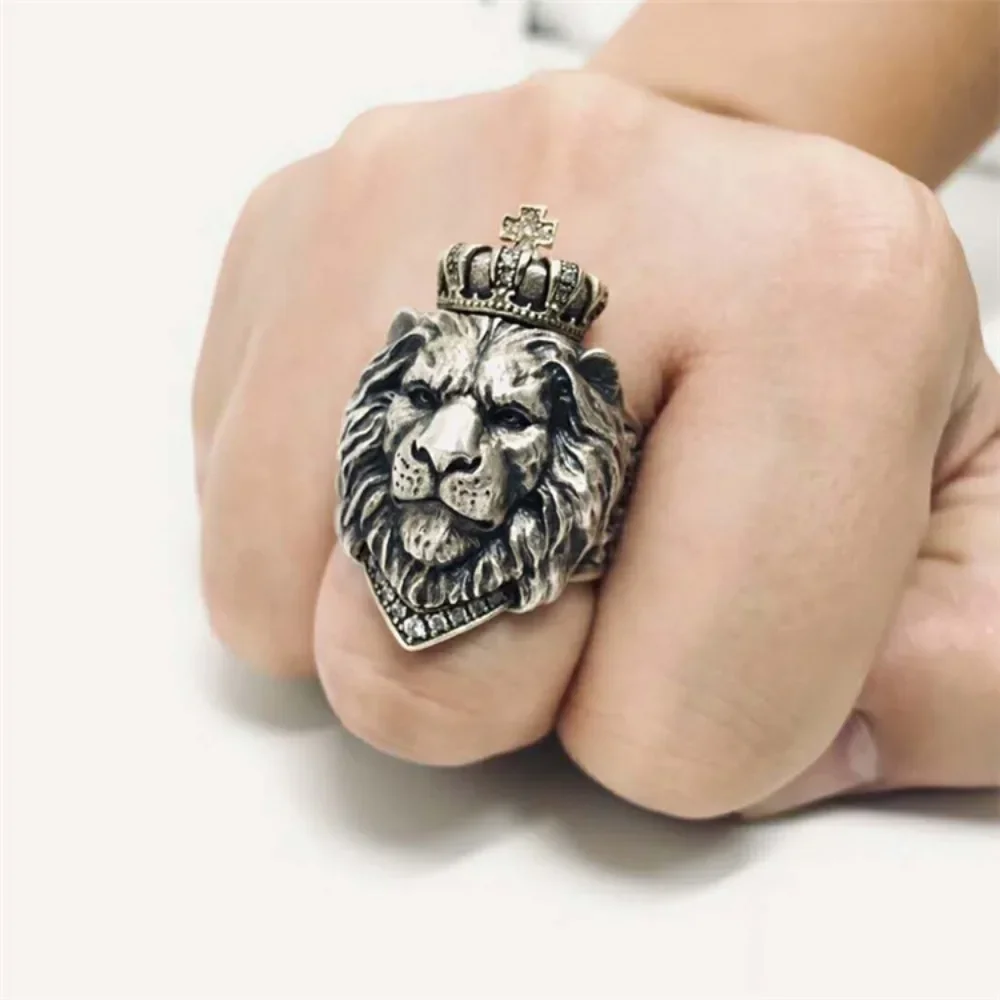 Vintage Crown Lion Rings for Men Inlay Shiny Zircon Cross Stainless Steel Jewelry Hiphop Punk Style Accessories Creative Gifts