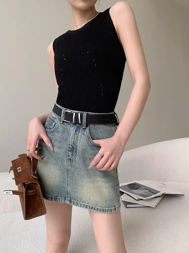 Fashion Street Fashion Basic Woman Skirts Casual Loose Slim High Waist A-line Skirts Female Summer Vintage Denim Women Skirts