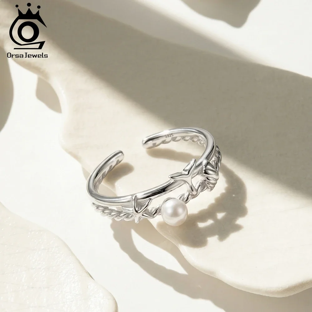 ORSA JEWELS 925 Sterling Silver Vintage Fish Tail Open Ring for Women Fashion Finger Ring with Pearl Party Jewelry APR46