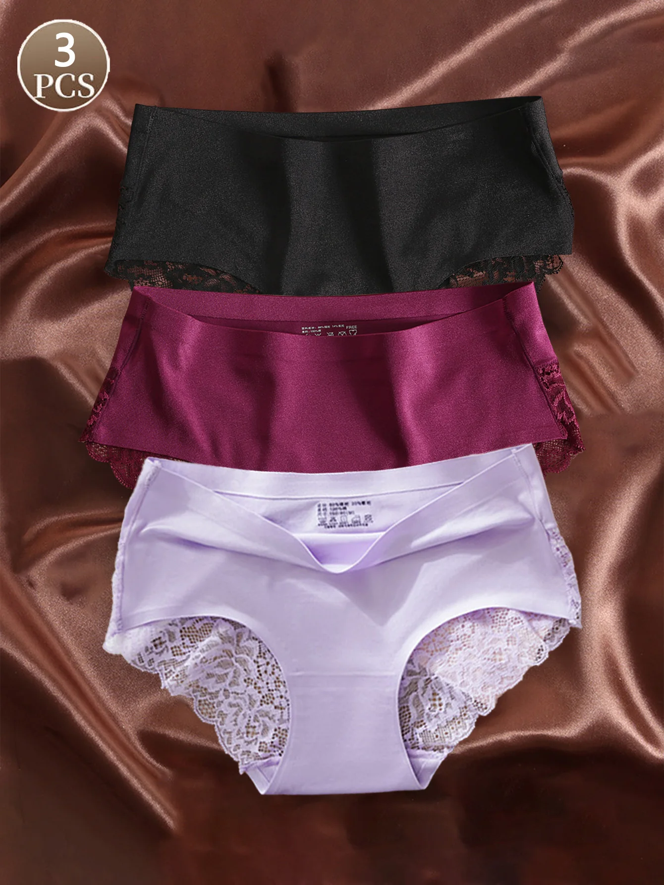 3PCS Sexy Lace Women's panties, Comfortable Traceless Ice Silk Triangular Trousers, One-tone Low Waist Breathable Girls' Panties