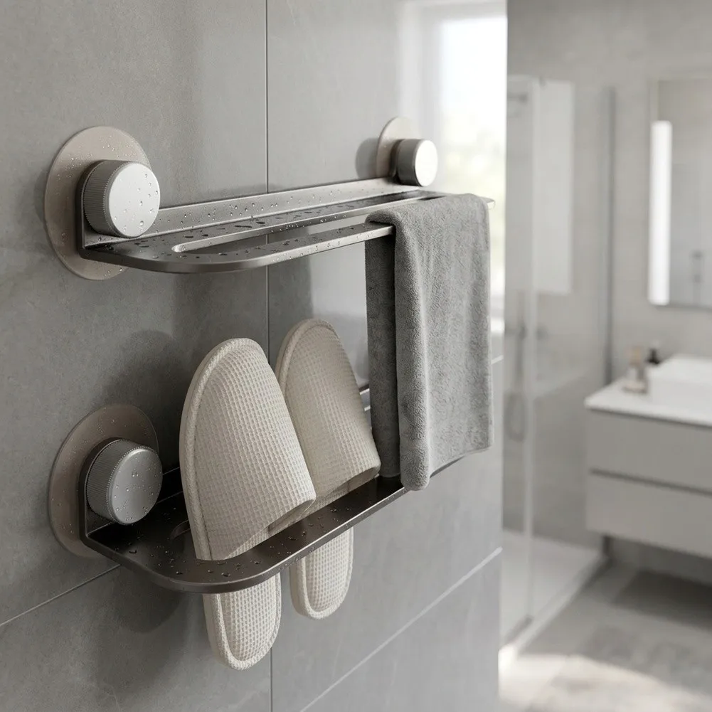 Wall Mounted Suction Cup Shoe Rack For Balcony Bathroom Slippers Hanger & Towel Drying Holder Space Saving Organizer