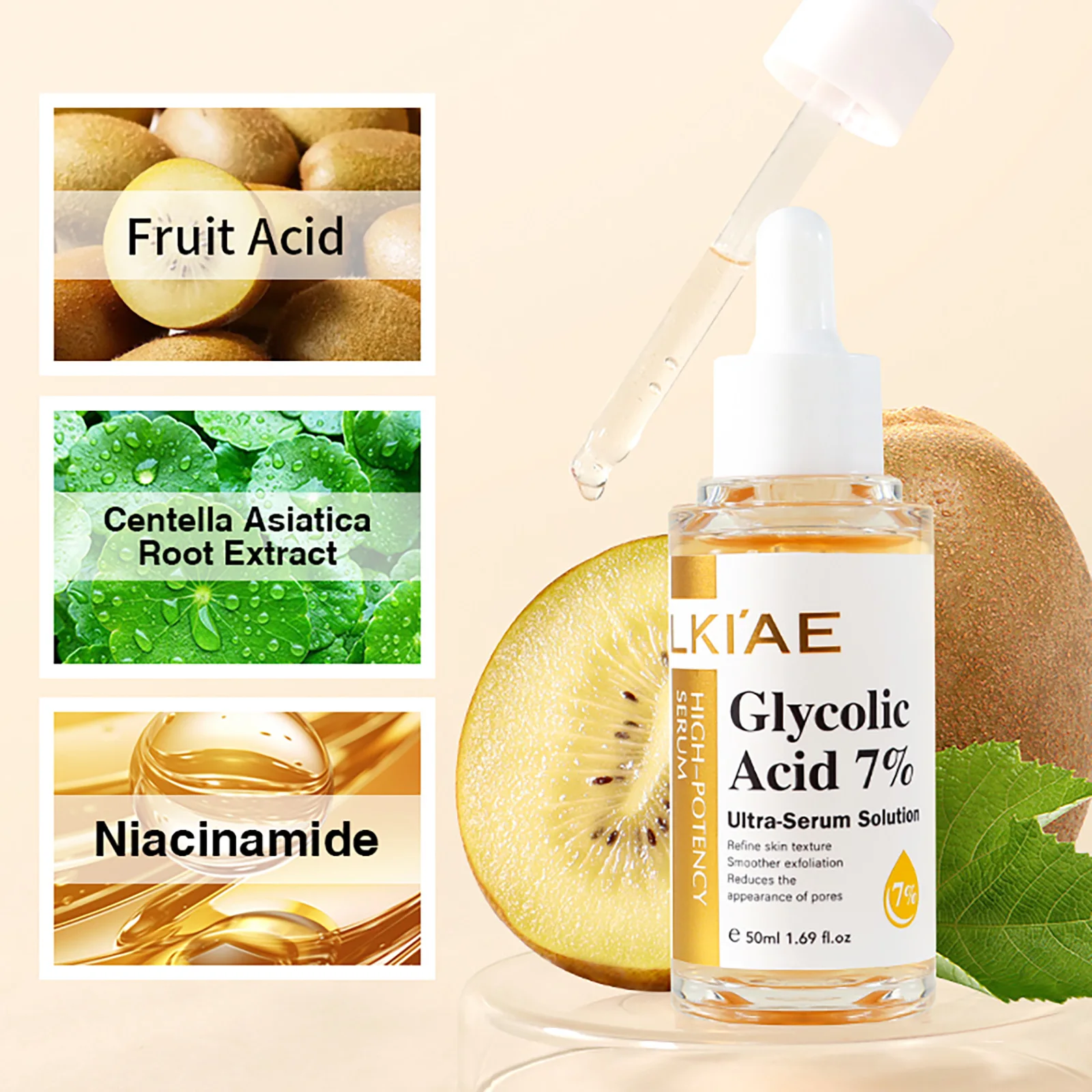 LKIAE Lightening Face Serum, Reduce Dark Spots Essence, With Centella Asiatica Extract, Fruit Acids, Niacinamide, 50ml/1.69 oz