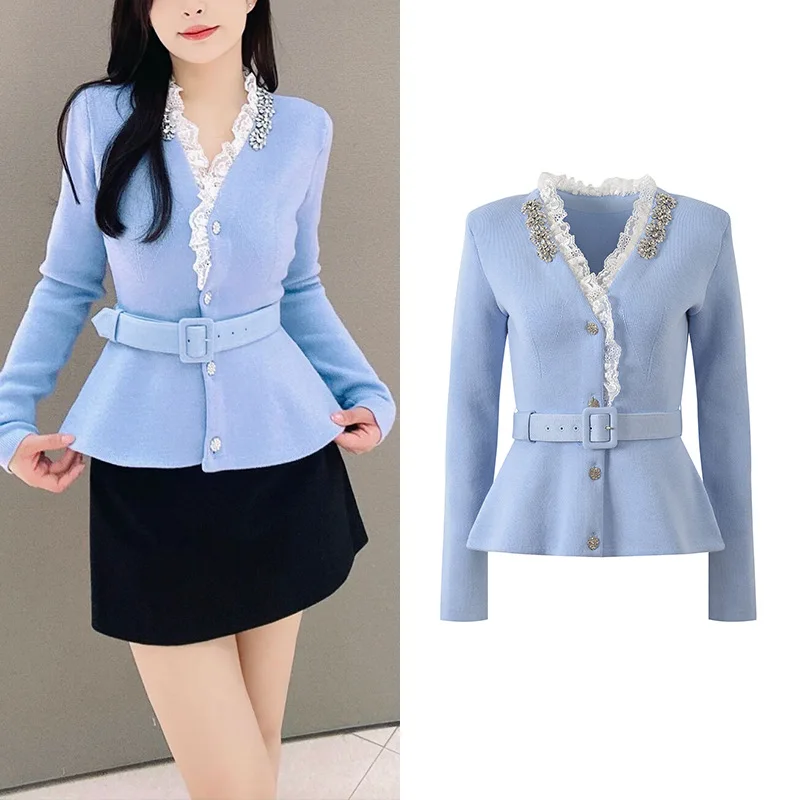ZJYT Fall Winter Fashion Long Sleeve Knitted Cardigans Sweaters for Women Diamonds V Neck Belted Knitting Coat Tops Blue Female