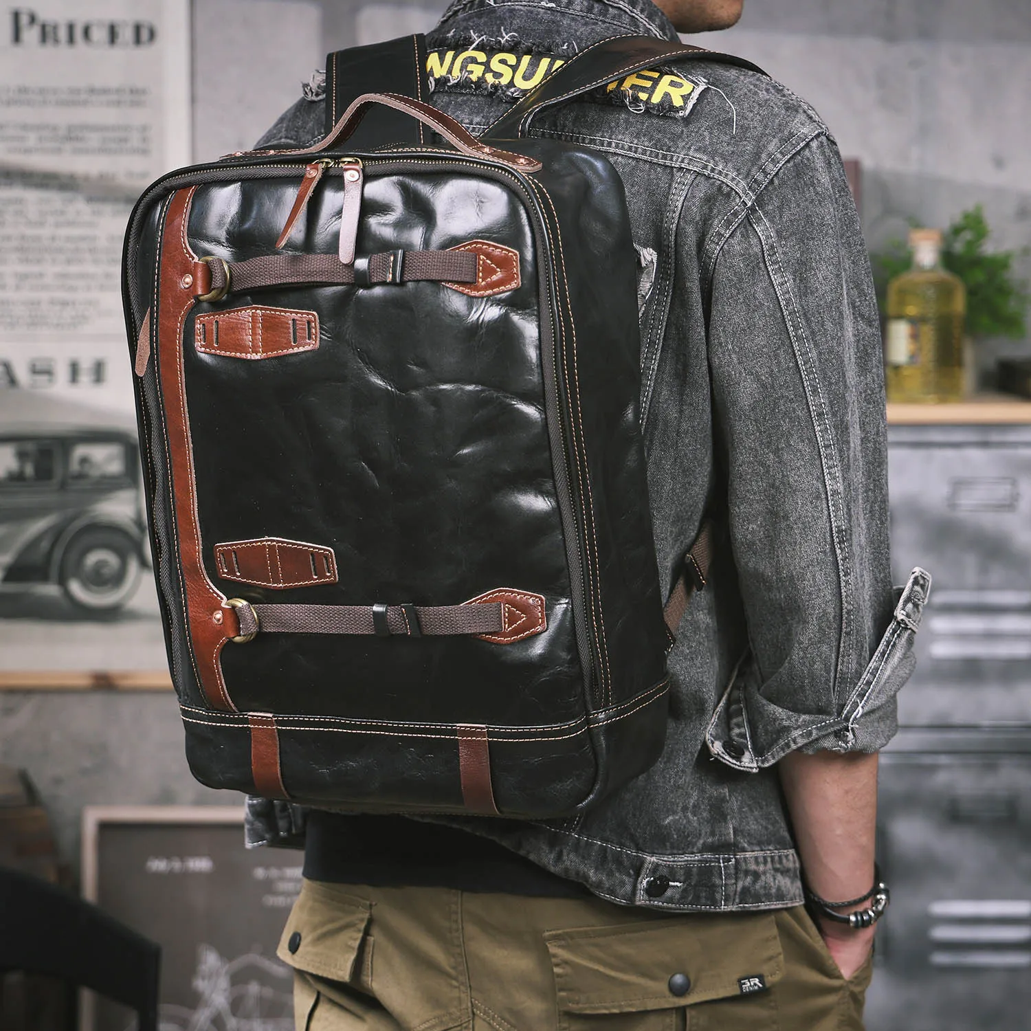 S.WORKER Lässiger Rucksack aus echtem Rindsleder für Herren, 16-Zoll-Laptop-Rucksack, Tagesrucksack mit großer Kapazität, Reisetasche, Schultasche – Detail 4