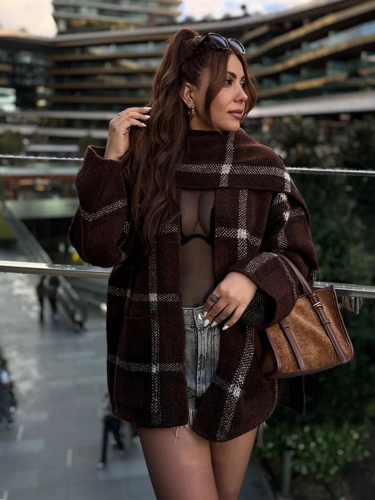 HH 2026 Woman Casual Plaid Scarf Collar Pocket Decoration Long Sleeve Knitted Street Coat Female Loose Casual Short Cardigan Top
