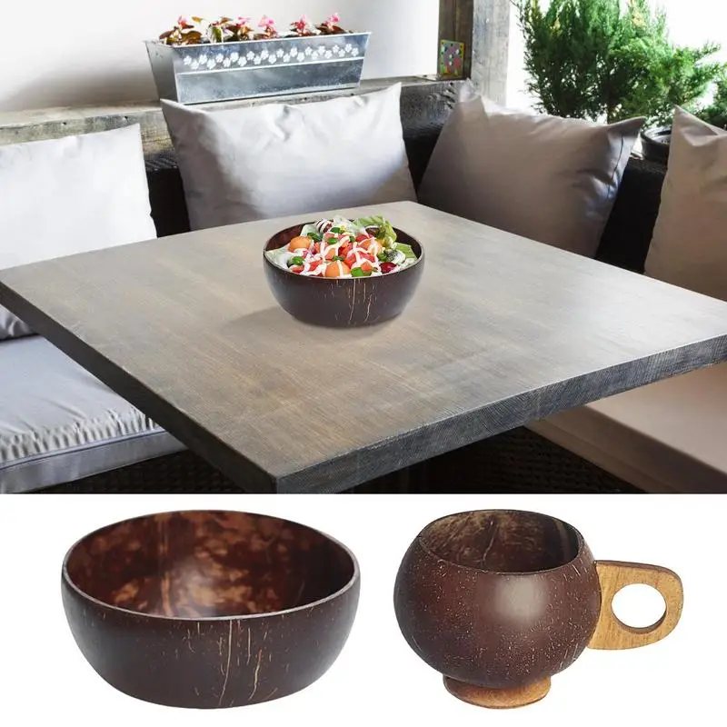 أوعية قشرة جوز كوكو ، أوعية يدوية الصنع طبيعية متعددة الأغراض ، أوعية سلطة ريفية محمولة ، أكواب ماء بنية للآيس كريم