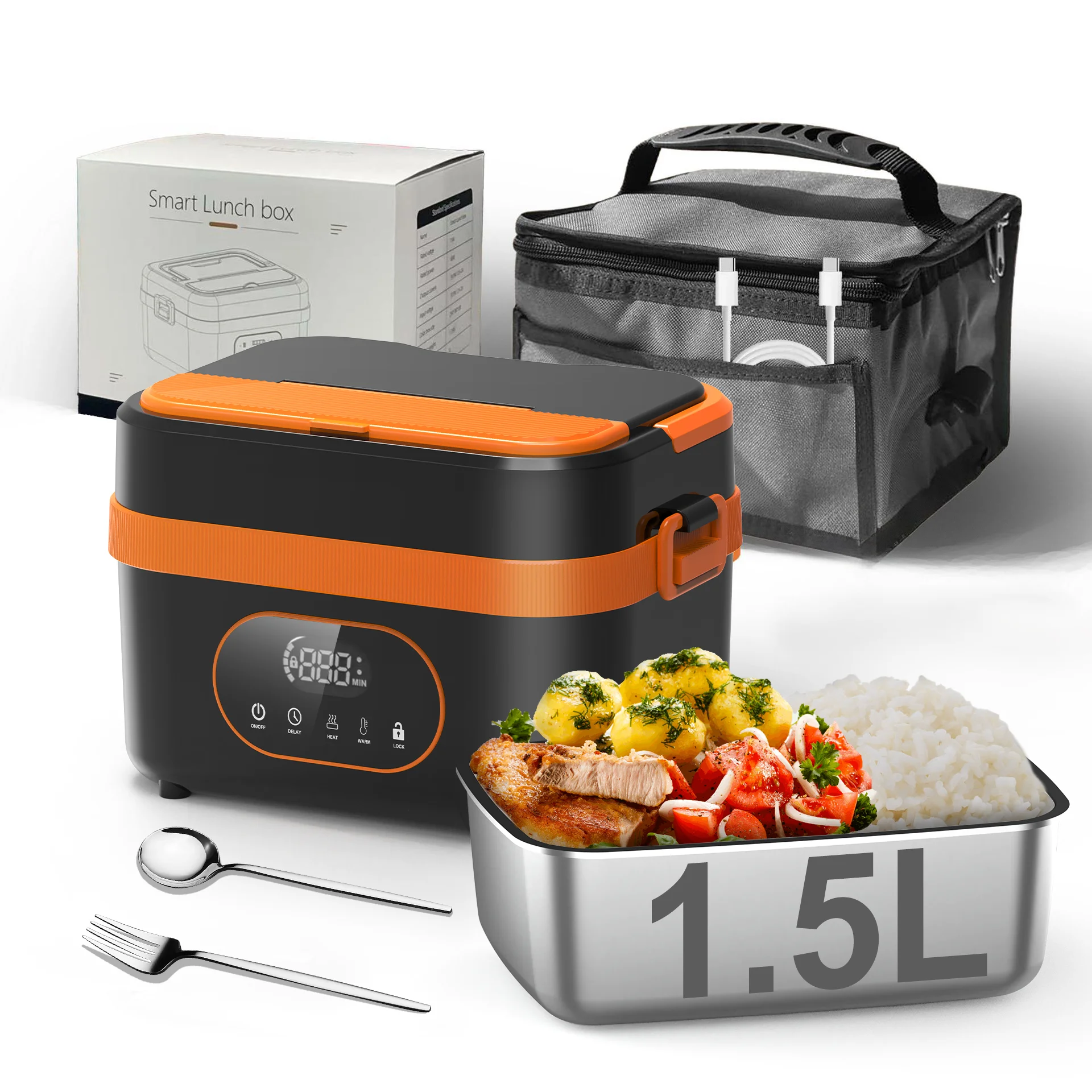 

USB Electric Heating Lunch Box 1.5L Stainless Steel Lunch Box Food Warmer 60W High Power Fast Heating Heater Travel Worke&Office