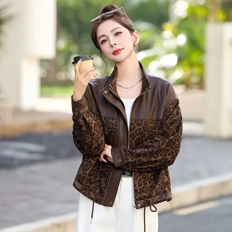 New 2026 Women‘s Fashion Short PU Leather Jacket Leopard Print Stitching Leather Coat Spring Autumn Top Outerwear Female