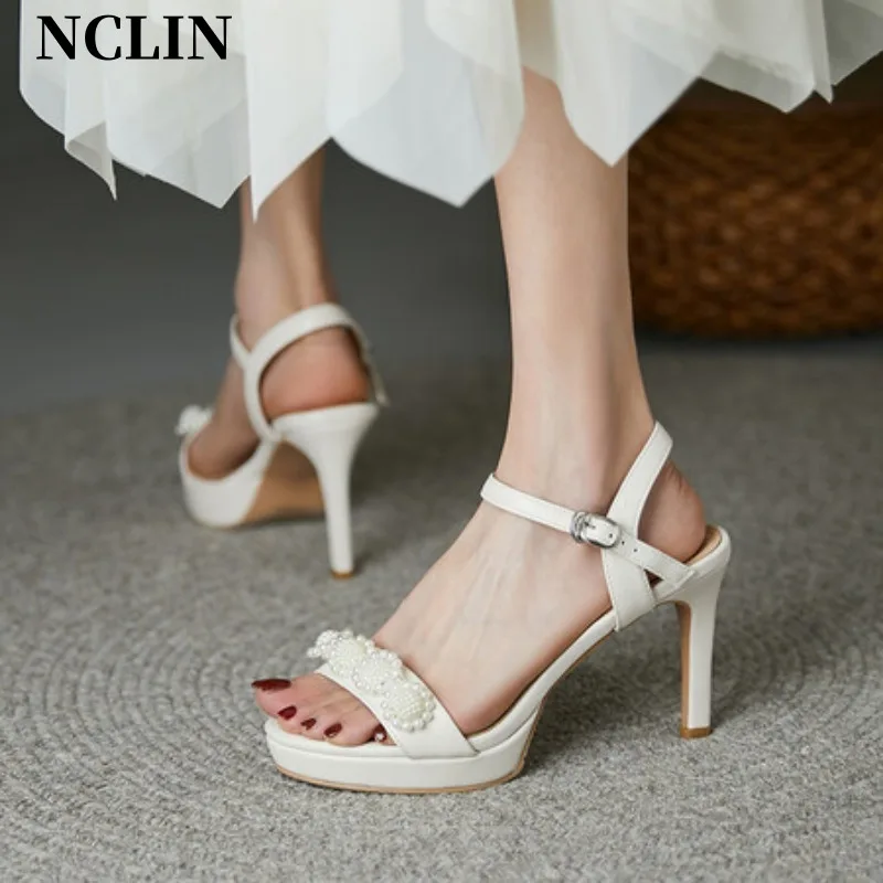 New 2024 Summer Sandals Women Shoes Round Toe Thin Heel Sandals Solid High Heels Genuine Leather Shoes for Women Party Shoes