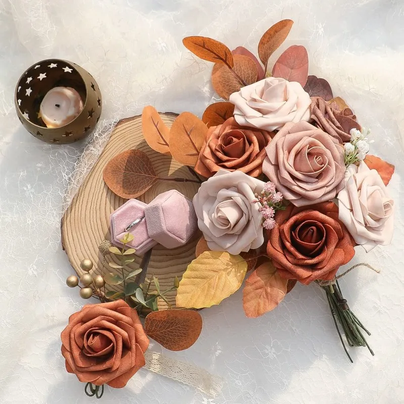 Artificial Flowers 25pcs Real Looking Terracotta Ombre Colors Foam Fake Roses with Stems for DIY Wedding Bouquets Bridal Shower