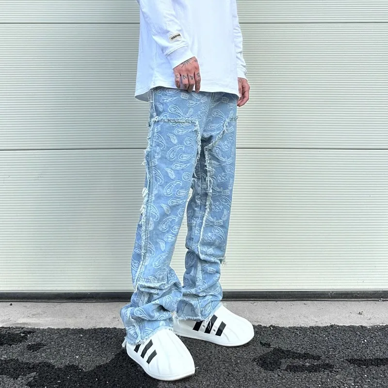 Y2k Frayed Urban Cashew Flower Full Print Patchwork Baggy Flare Jeans for Men Straight Pantalones Hombre Oversize Denim Trousers