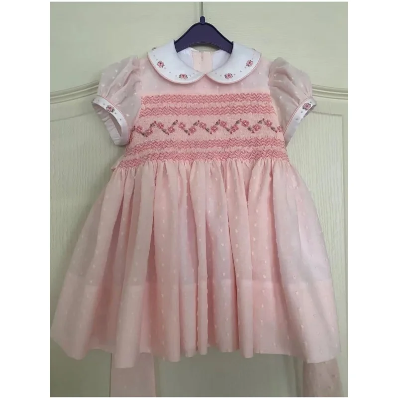 0-6Y Baby Girl Summer Pink Flower Handmade Embroidery Smocked Dress for Eid Birthday Party Holiday Photography Casual A336