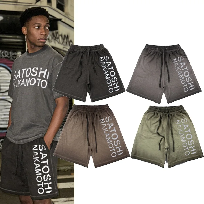Satoshi Nakamoto classic retro lettering distressed washed-upholstered short pants five-pocket style