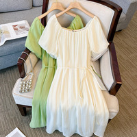 150Kg Plus Size Women's Bust 160 Summer Loose Square Neck Waistband A-Line Dress Green Apricot 5XL 6XL 7XL 8XL 9XL