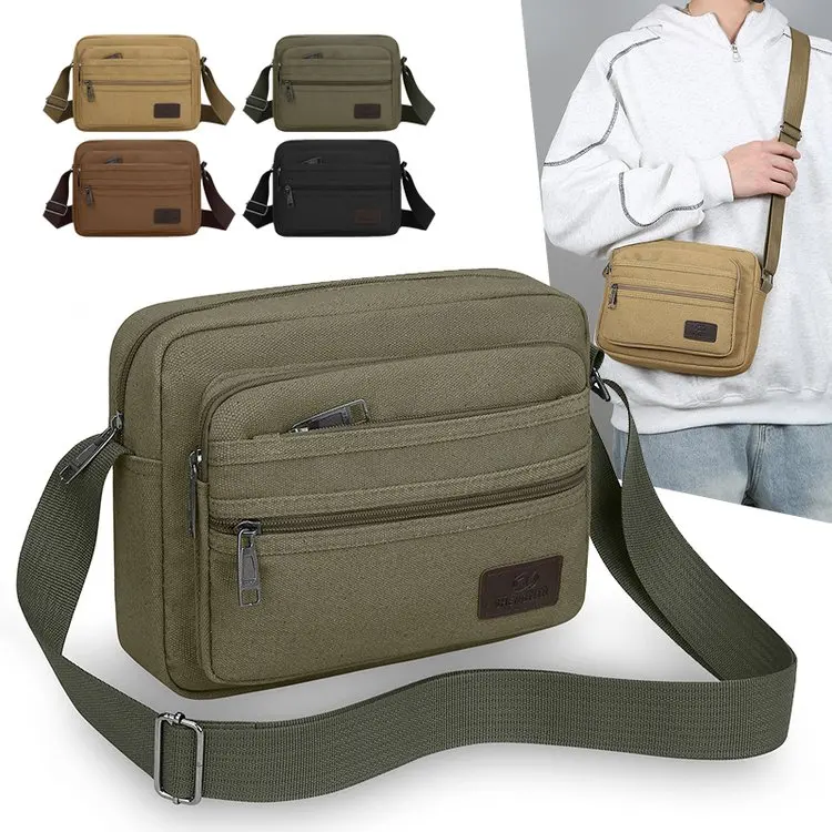 Thickened Canvas Men's Crossbody Bag Business Money Bag Multi-Functional Large Capacity Tool Bag Male Model Casual Style
