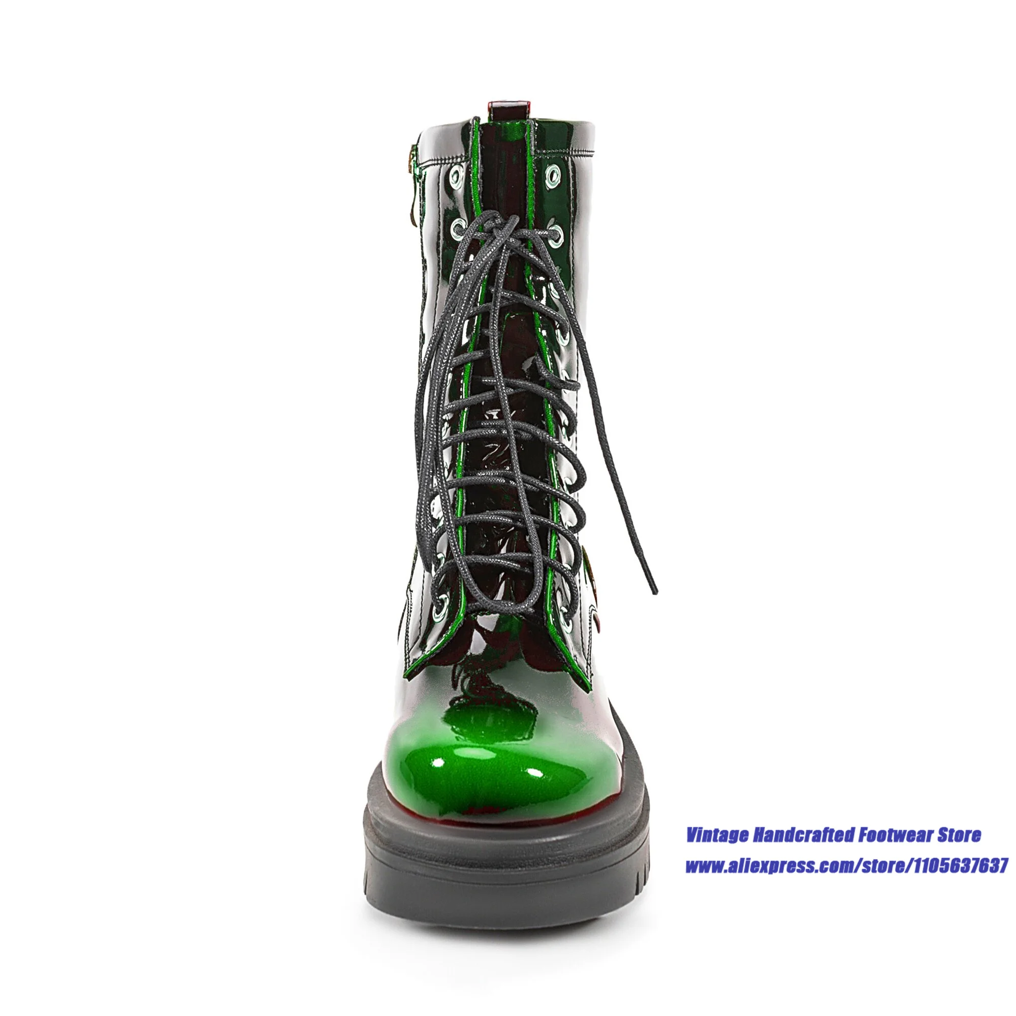 Women's Glossy Patent Leather Boots Lace-Up Side Zipper Double Platform Motorcycle Boots Designer Autumn/winter Men's Boots