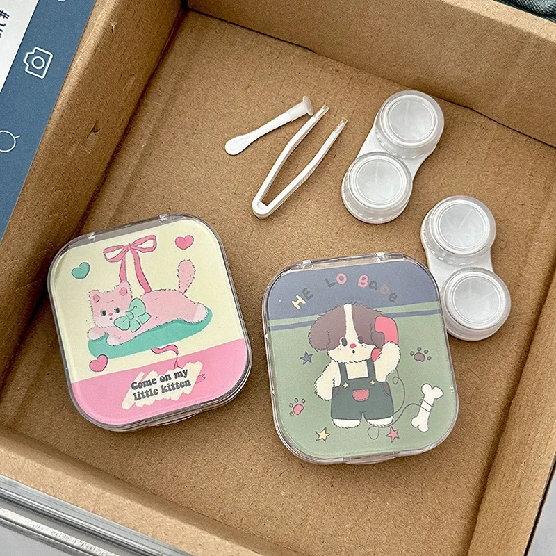 Retro Cartoon Dog Lens Container Women Cute Contacts Lens Case Men Color Contact Lenses Storage Box Portable Travel Set