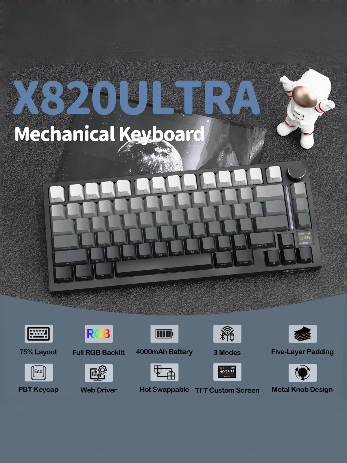 Attack Shark X820Ultra Draadloos 75% mechanisch gamingtoetsenbord met scherm en knop Hot-swappable 2,4GHz/BT/bedraad RGB - afbeelding 2