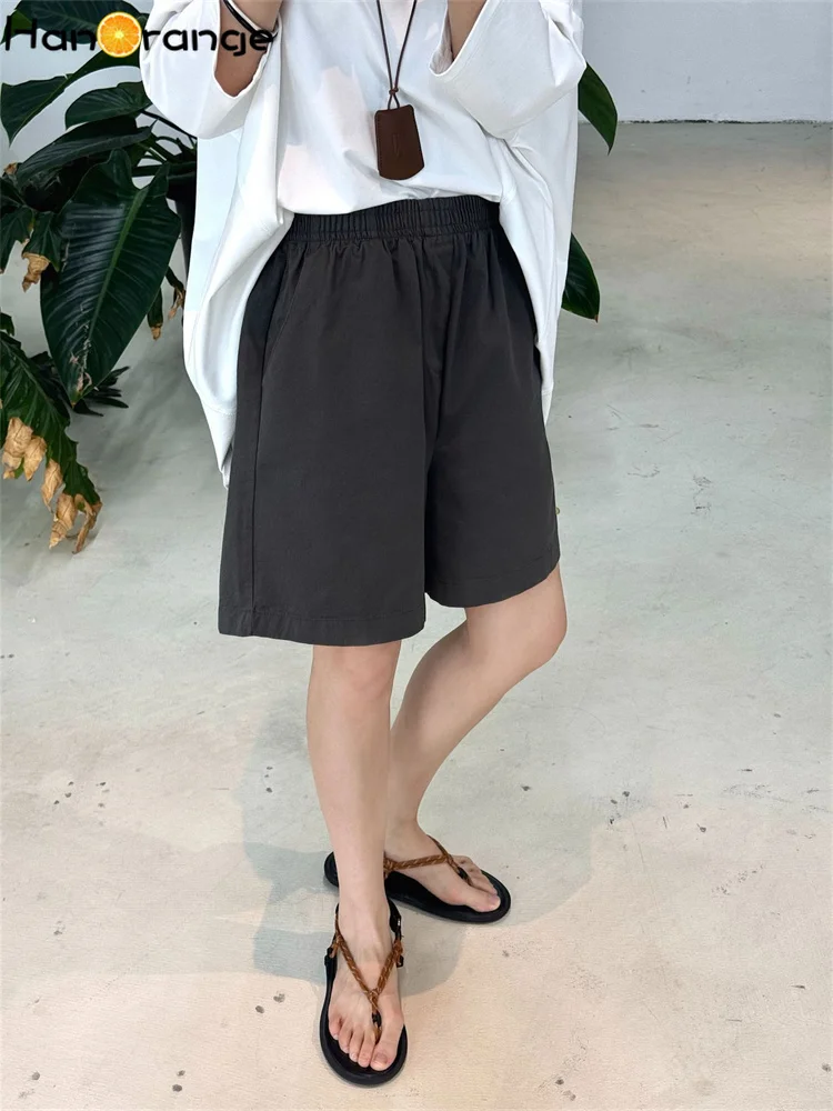HanOrange Summer Simple Knee Length Cotton Shorts Women 2026 Elastic Waist Shorts White/Dark Gray/Gray/Navy Blue/Haze Blue