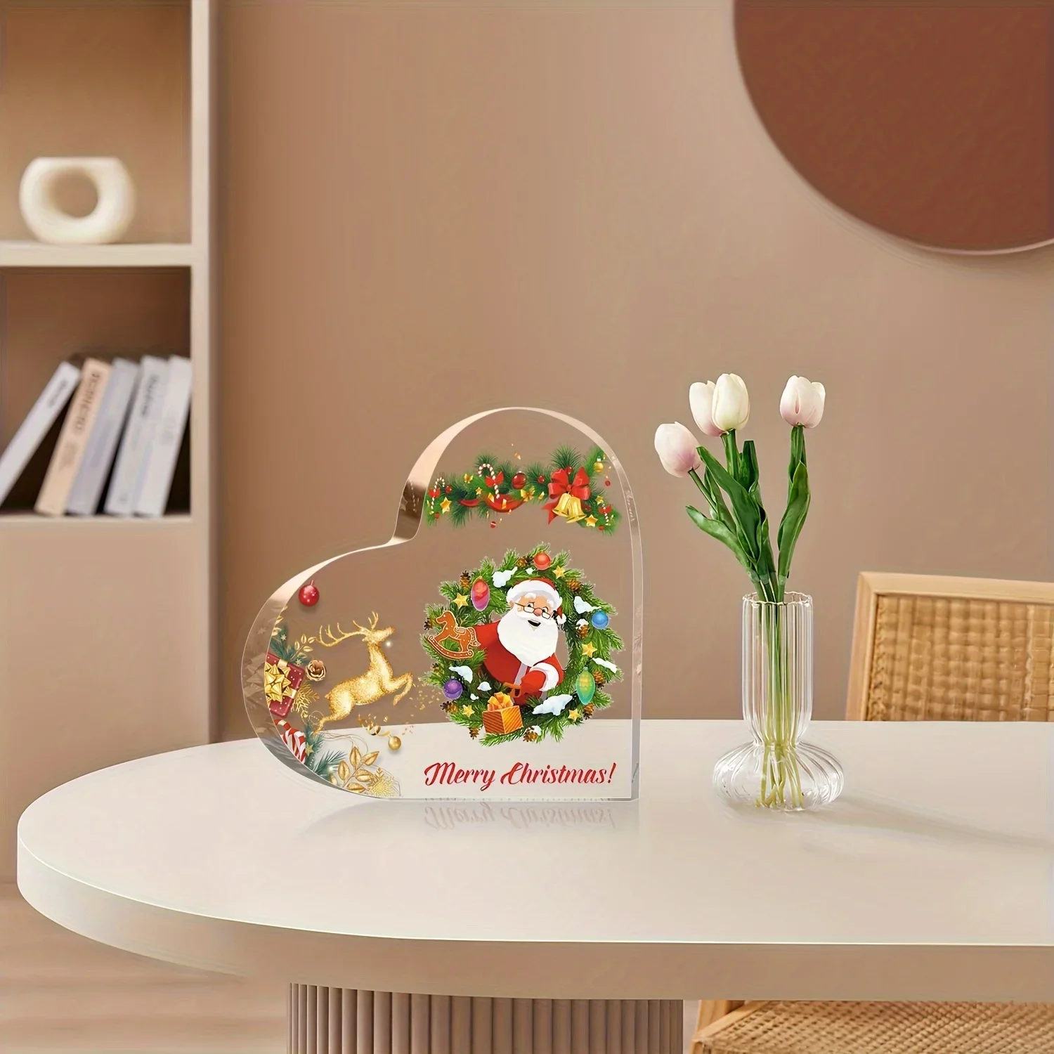 Merry Christmas Santa & Golden Reindeer Heart‑Shaped Acrylic Plaque, Xmas Table Decor