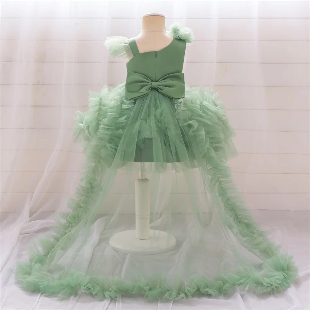 Baby Girls Green Lace Trailing Party Dress Infant Fluffy Birthday Tutu Dresses Kids Formal Evening Princess Gown Girl Costumes