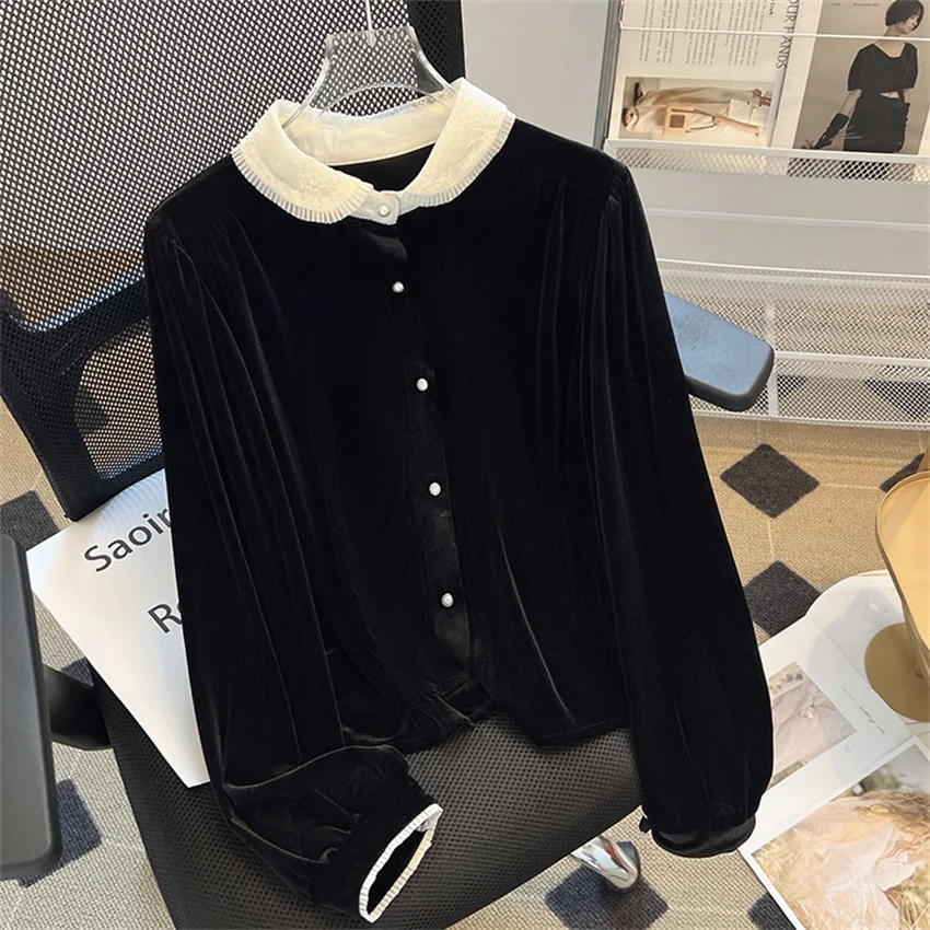 

2025 New Fashion Women Gold Velvet Blouse All-match Female Long Sleeve Button-up Shirt Big Size Lace Mesh Tops For Woman WZ2495