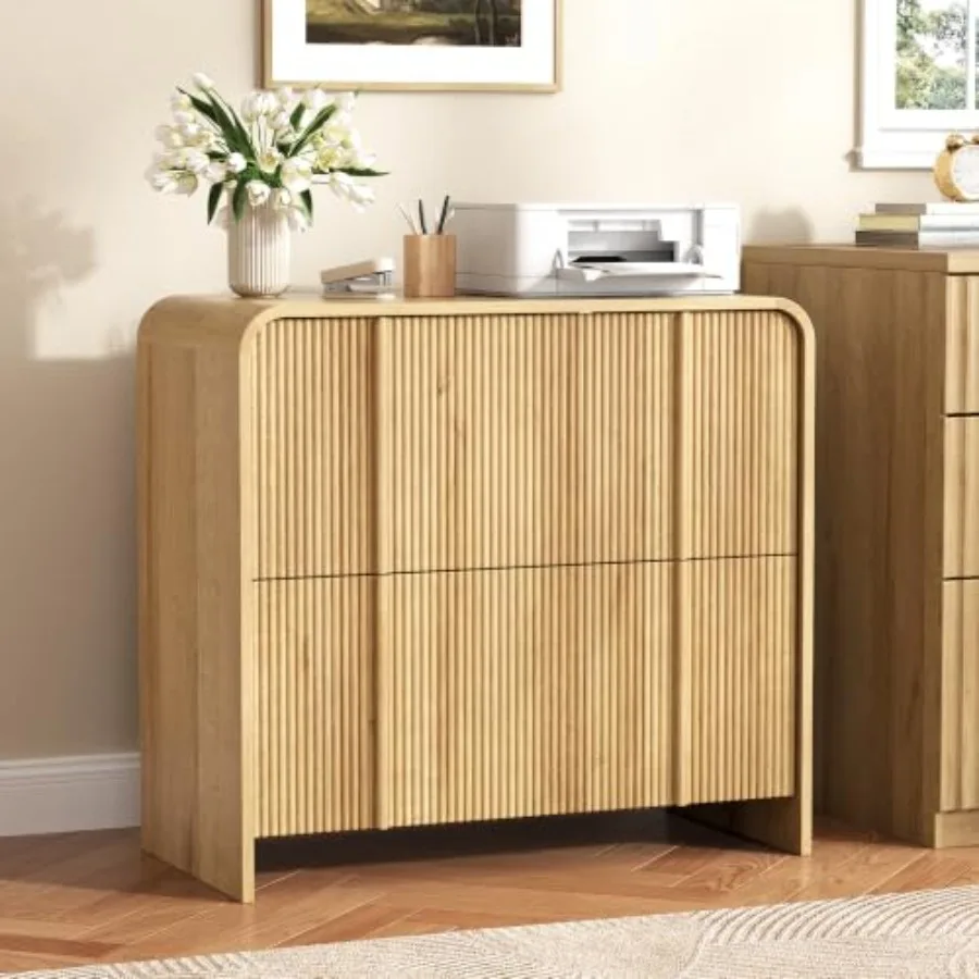 Lateral File Cabinet with 2 Drawers, Modern Fluted File Cabinet with Adjustable Hanging Rod for Letter/Legal/A4, Large Office W