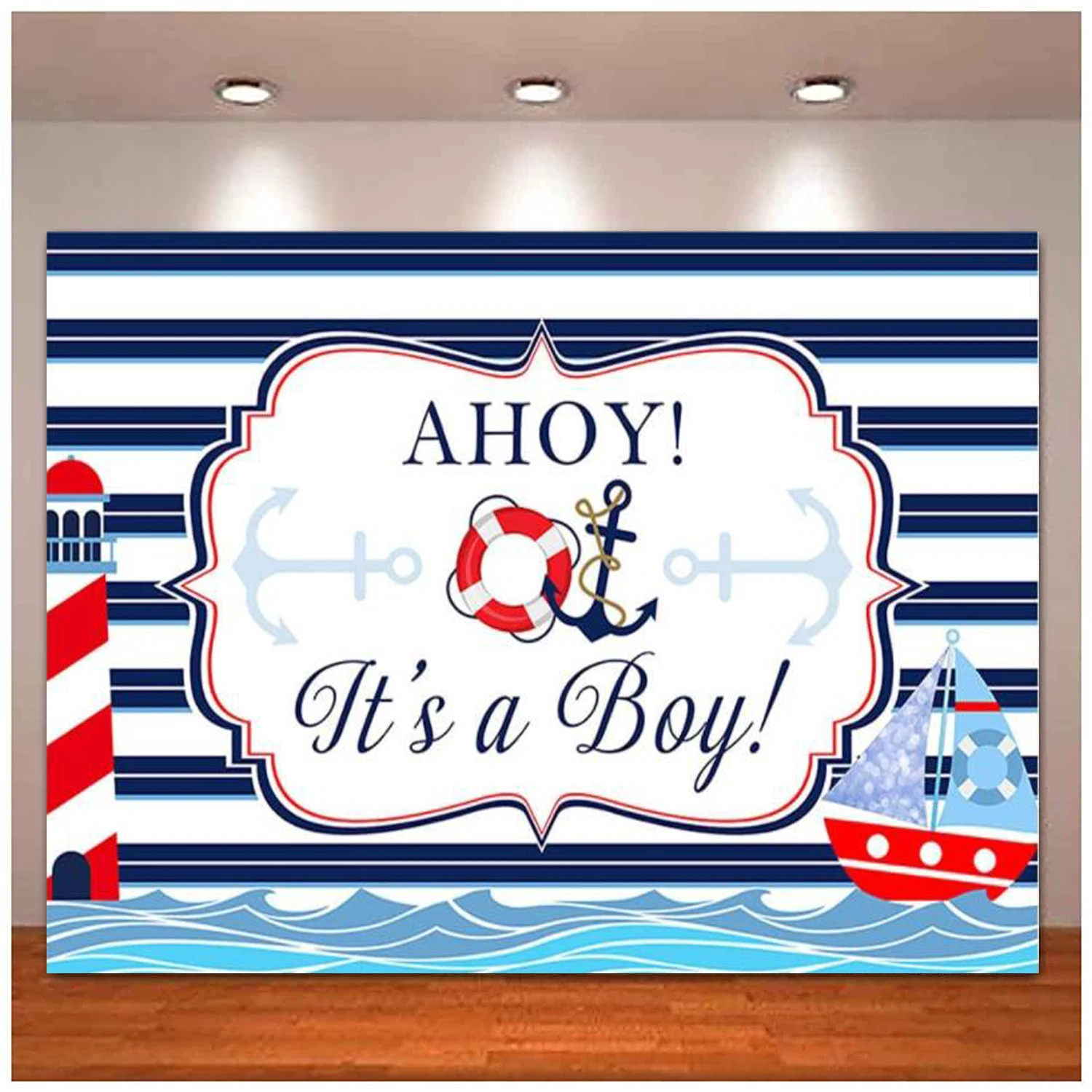 Ahoy-Fondo náutico para niño, cartel decorativo para fiesta de revelación de género, rayas blancas y azules, Faro de mar marino, barco