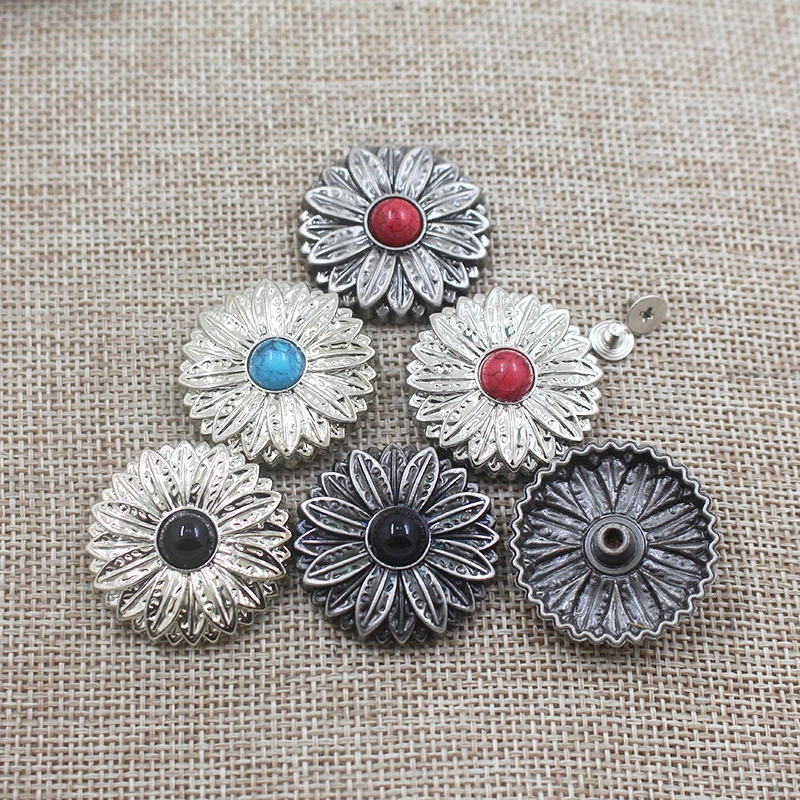 Conchos turquesa de flor de sol Tribal del sudeste para artesanía de cuero, accesorios de decoración de brida, cinturón de silla de montar, 5 Juegos de 30mm
