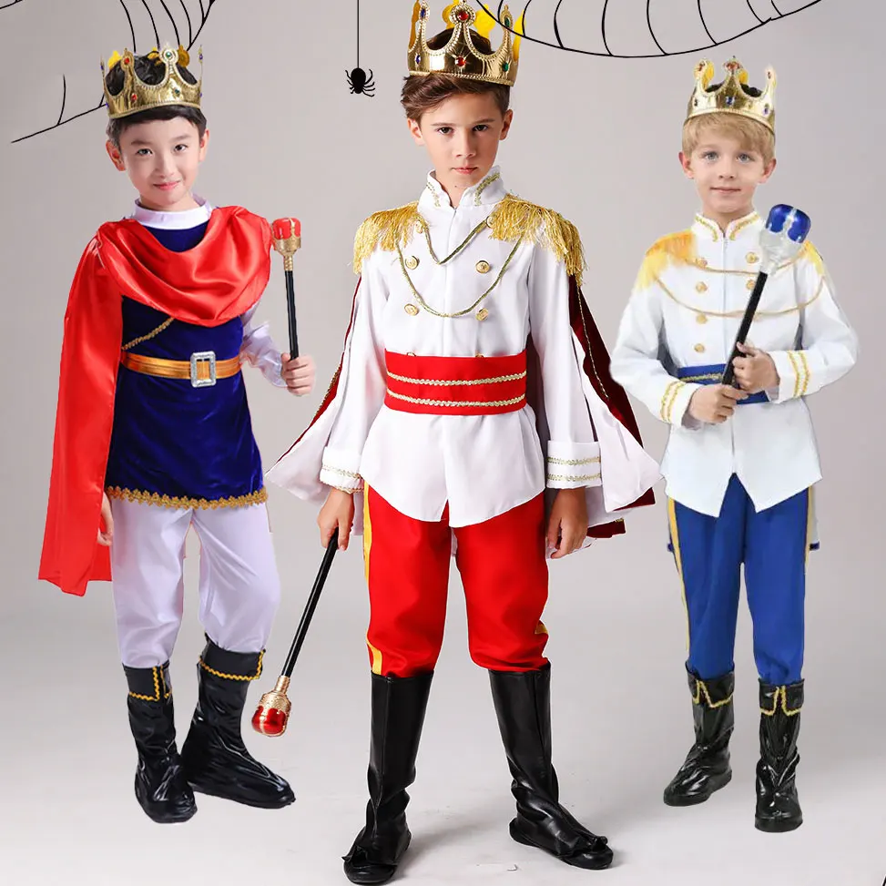 2026 Prince Costume 7Pcs Set Boys Royal King Outfit Shirt+Crown+Scepter+Cape+Belt+Pants+Boots Kids For 2-10Yrs Halloween Cosutme
