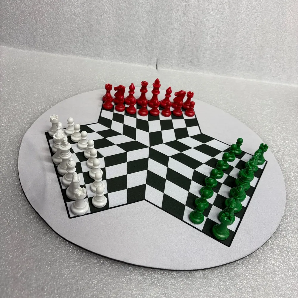 3-Player Chess Set with 48 pcs Pieces, Featuring Three-color High-end Pieces and a Large, Thick Rubber Board