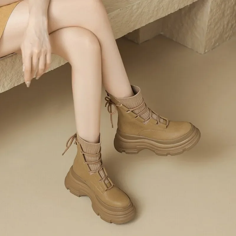 Women Knit Sock Ankle Boots Chunky Platform Lace Up Back Tie Height Increasing Non Slip Ladies Autumn Winter Daily Shoes
