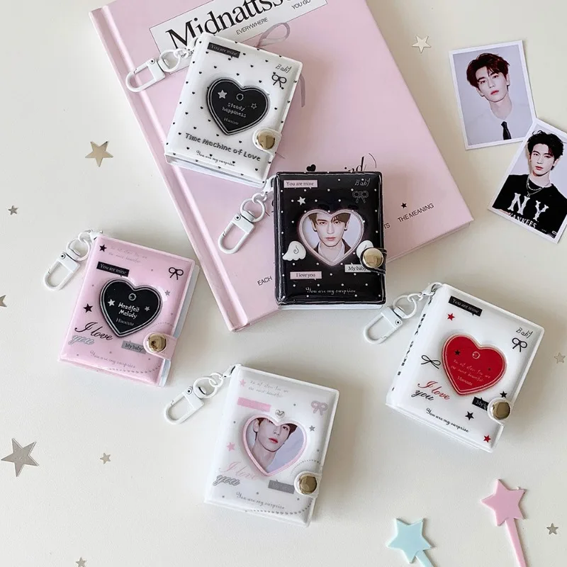 Korean Minimalist 2-Inch Photo Card Album Cut-Out Heart Photocard Holder Kawaii Detachable Keychain for K-Pop Fans Selfie Pics