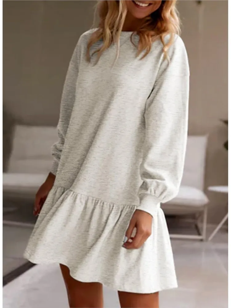 

Ruffles Splic Hem Sweatshirt Dress For Women Autumn New Long Sleeve Loose Casual O-neck A-line Pullover Solid Color Mini Dresses