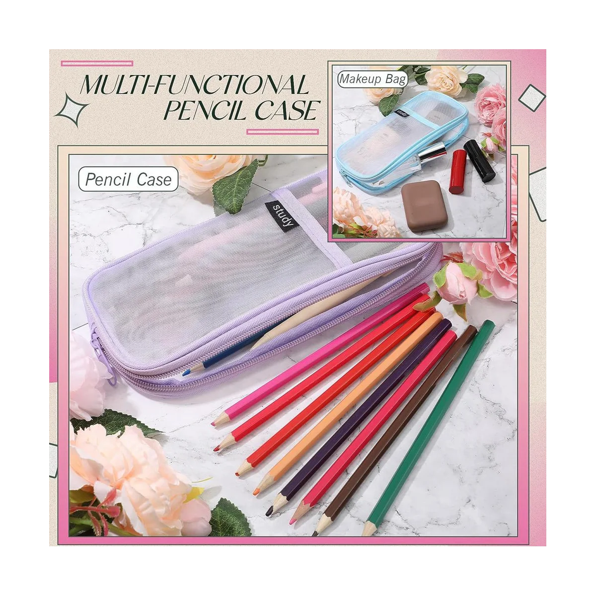Grid Mesh Pencil Case com Zipper, Clear Pencil Pouch, Visible Pen Bag, Multi-Purpose, Transparent Makeup Bag, 4 Pcs