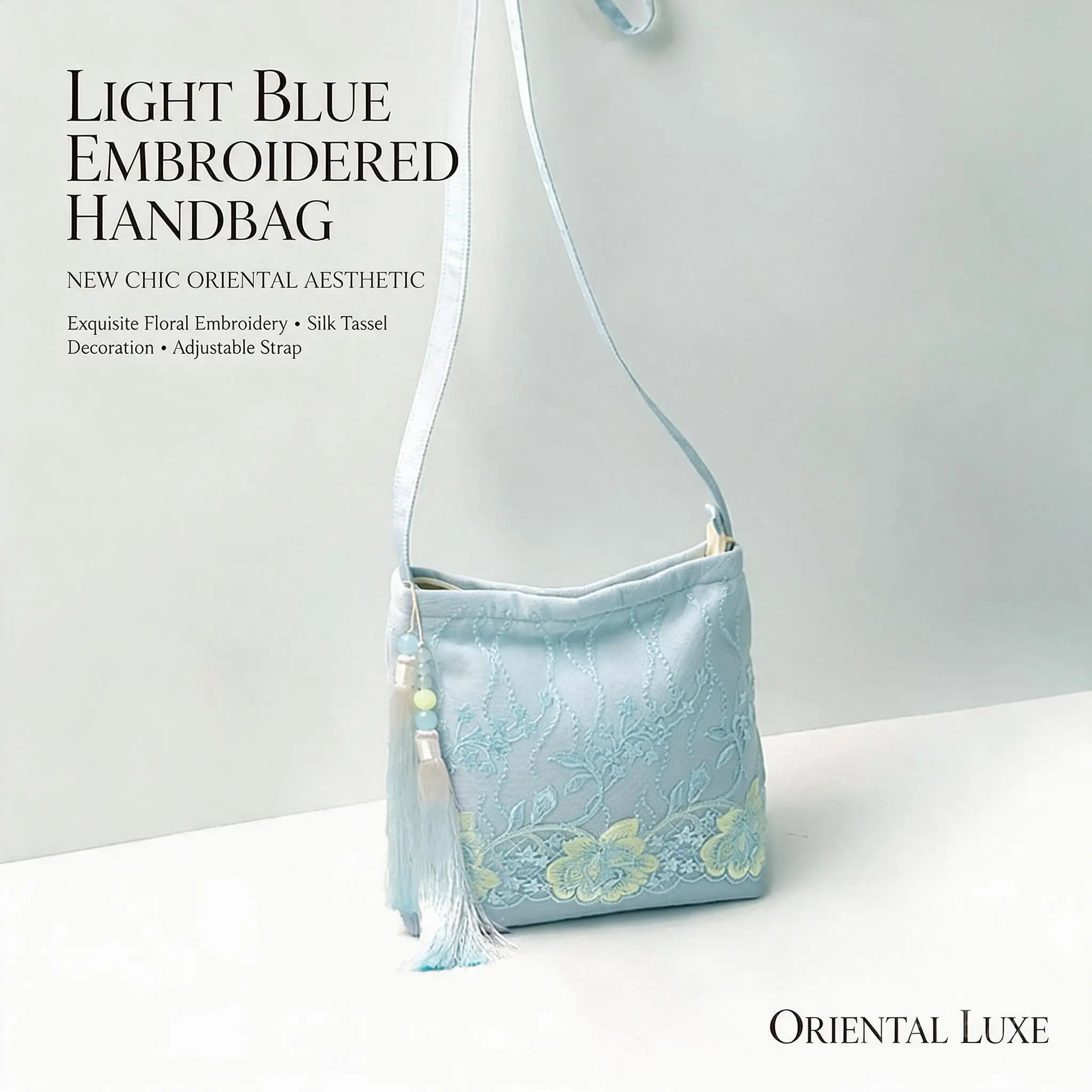 Chinese Style Light Blue Lace Embroidered Tassel Crossbody Shoulder Bag For Women Casual Daily Hanfu Matching Ladies Mini Purse