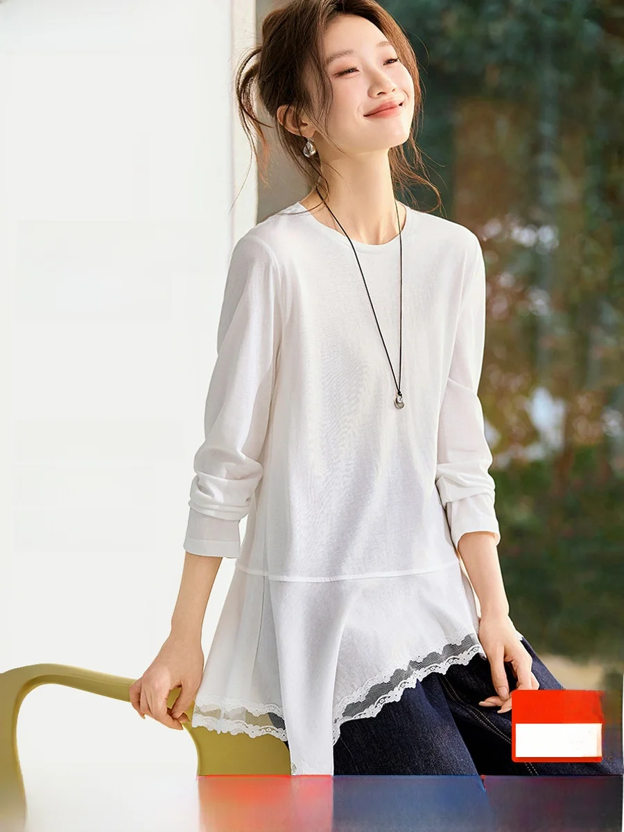 

Женская модная футболка Oxygen Lace с круглым вырезом, асимметричным подолом и драпировкой сзади, весенняя новинка, дышащая и комфортная