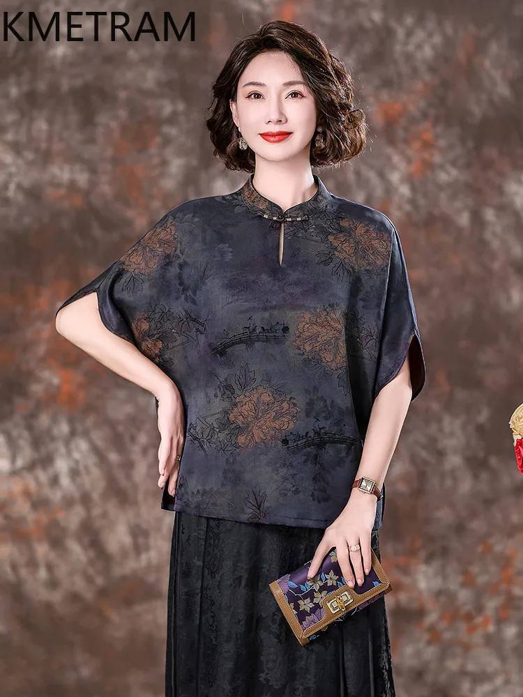 KMETRAM 100% Mulberry Silk Women's T Shirts 30MM Silk Xiangyunsha 2026 Spring High-end Chinese-style Half-sleeve Tops Ropa Mujer