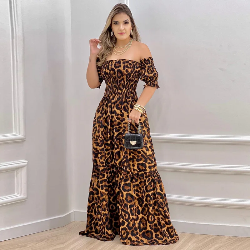 Women's Spring/Summer New Off Shoulder Printed Pleated Large Swing Dress Short Sleeve Long Dress2024