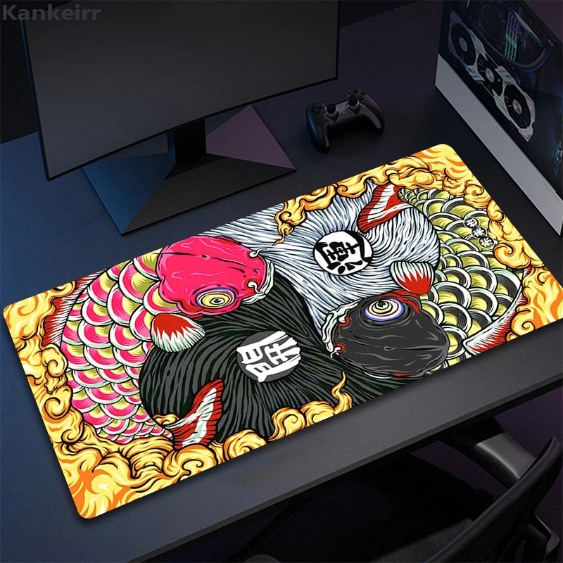 XXL illustration Desk Mat Black & Red Mouse Pad Koi Fish China Art Large Rubber Mousepad Computer Gaming Kawaii Deskmat 900x400