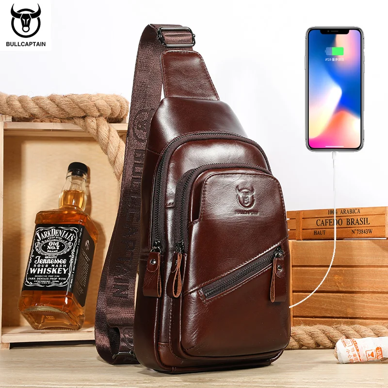 Men's Genuine Leather Single-shoulder Messenger Chest Bag Soft Top Layer Cowhide Retro Double-layer Card Charging Pocket