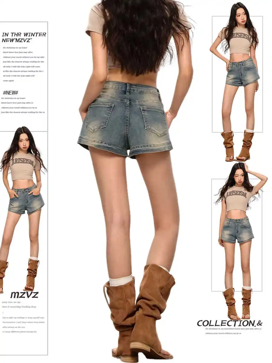 2026 Summer Women American Retro Low Rise Punk Denim Shorts Gyaru Y2K 2000s Japanese Kpop Harajuku Jeans Hot Pants Tide New In
